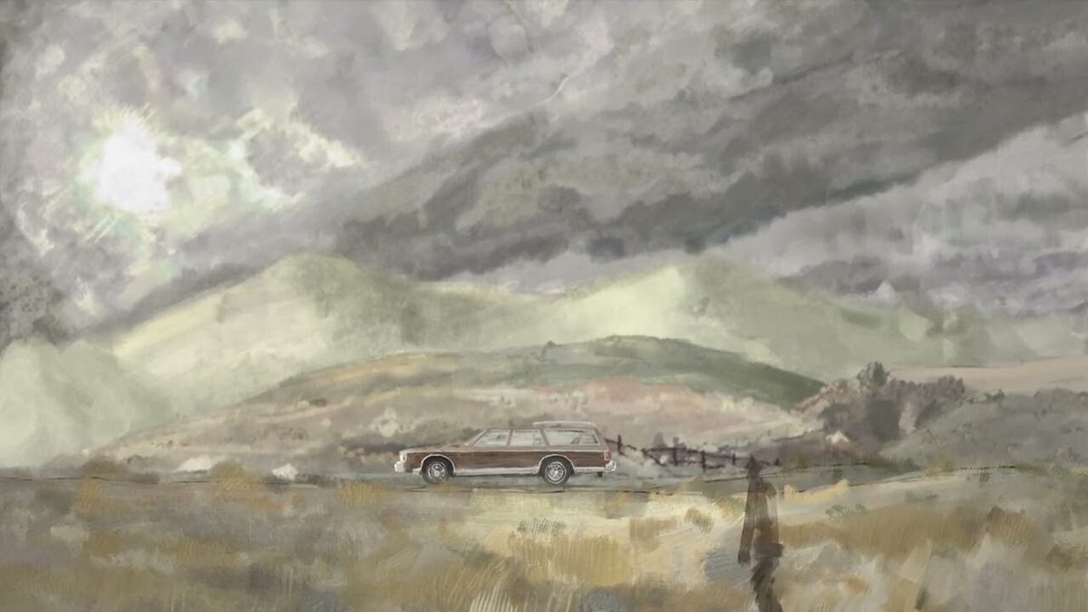 Liminal Fields: a hand-painted station wagon on a road below storm clouds