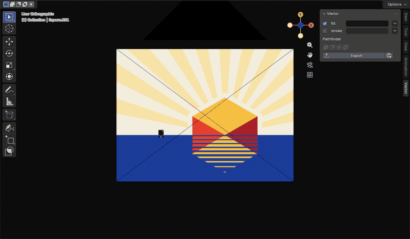 The artwork in Blender, then the same artwork opened in a browser