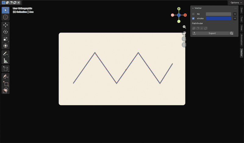 A zigzag stroke growing wider, changing its joins and caps, then tapering at both ends