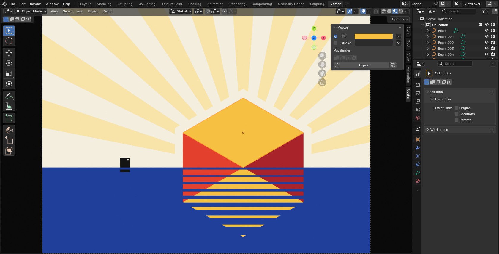 Flatland’s Vector workspace in Blender, with the cube artwork open