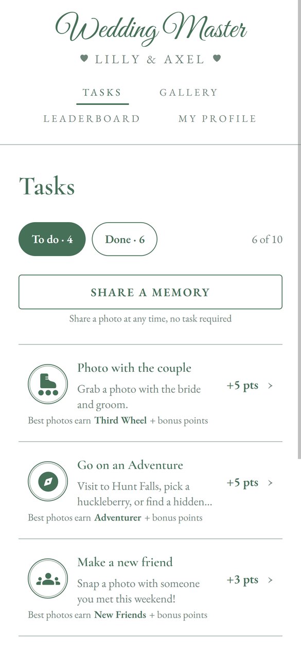 Wedding Master: the task list, with points for each photo task